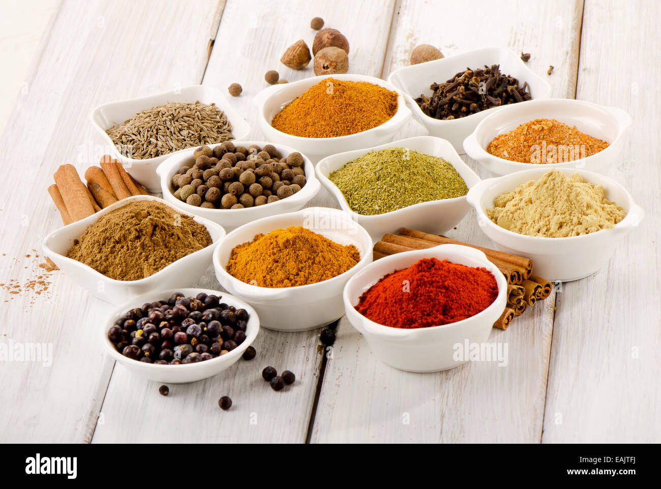 Assortment of powder spices in bowls. Selective focus Stock Photo