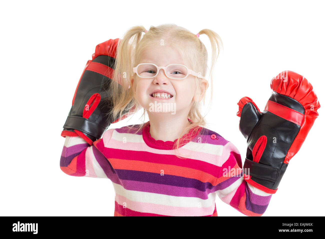 Funny kid or child in eyeglasses boxing isolated Stock Photo