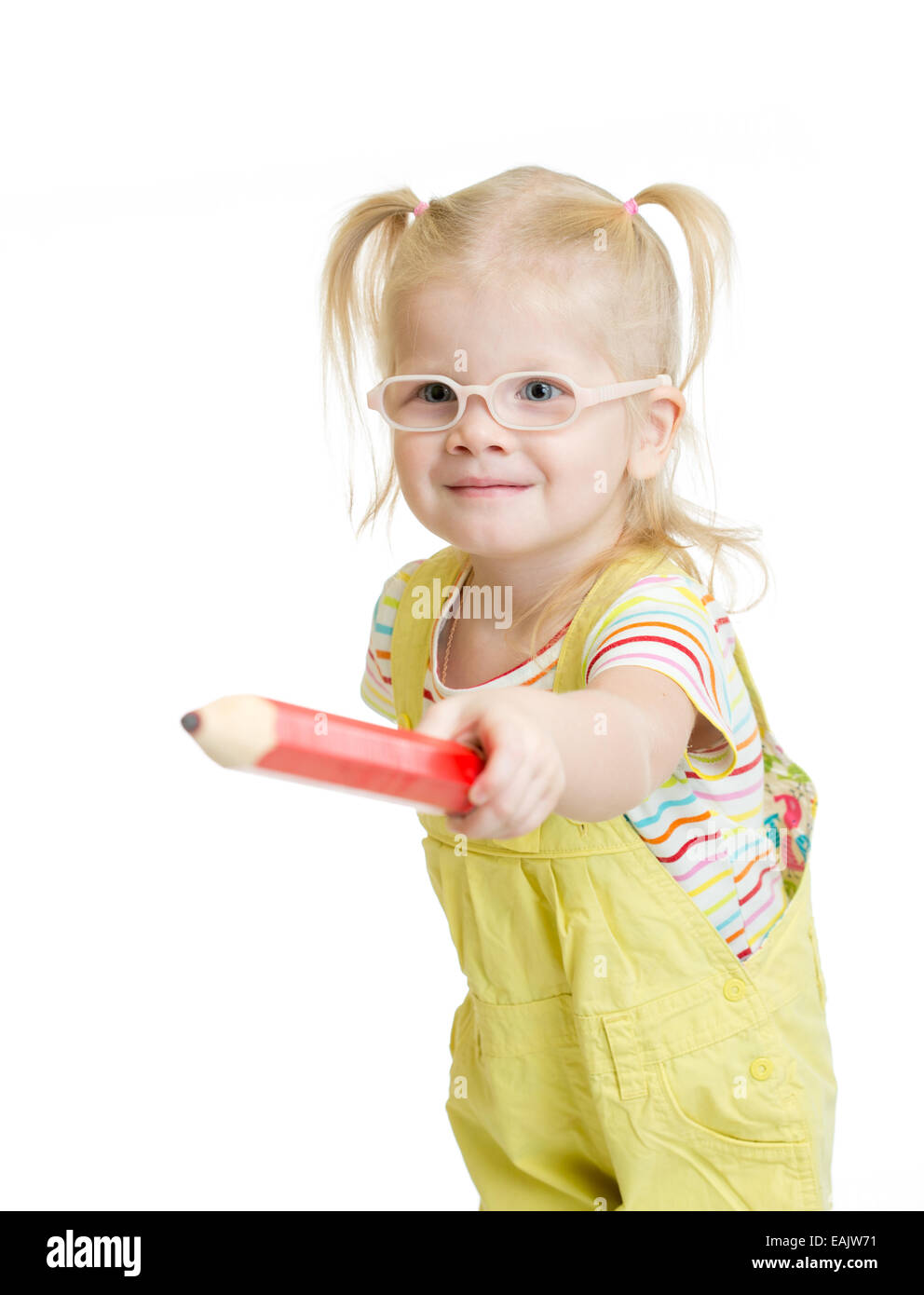 Funny chil in eyeglasses pointing by red pencil isolated Stock Photo
