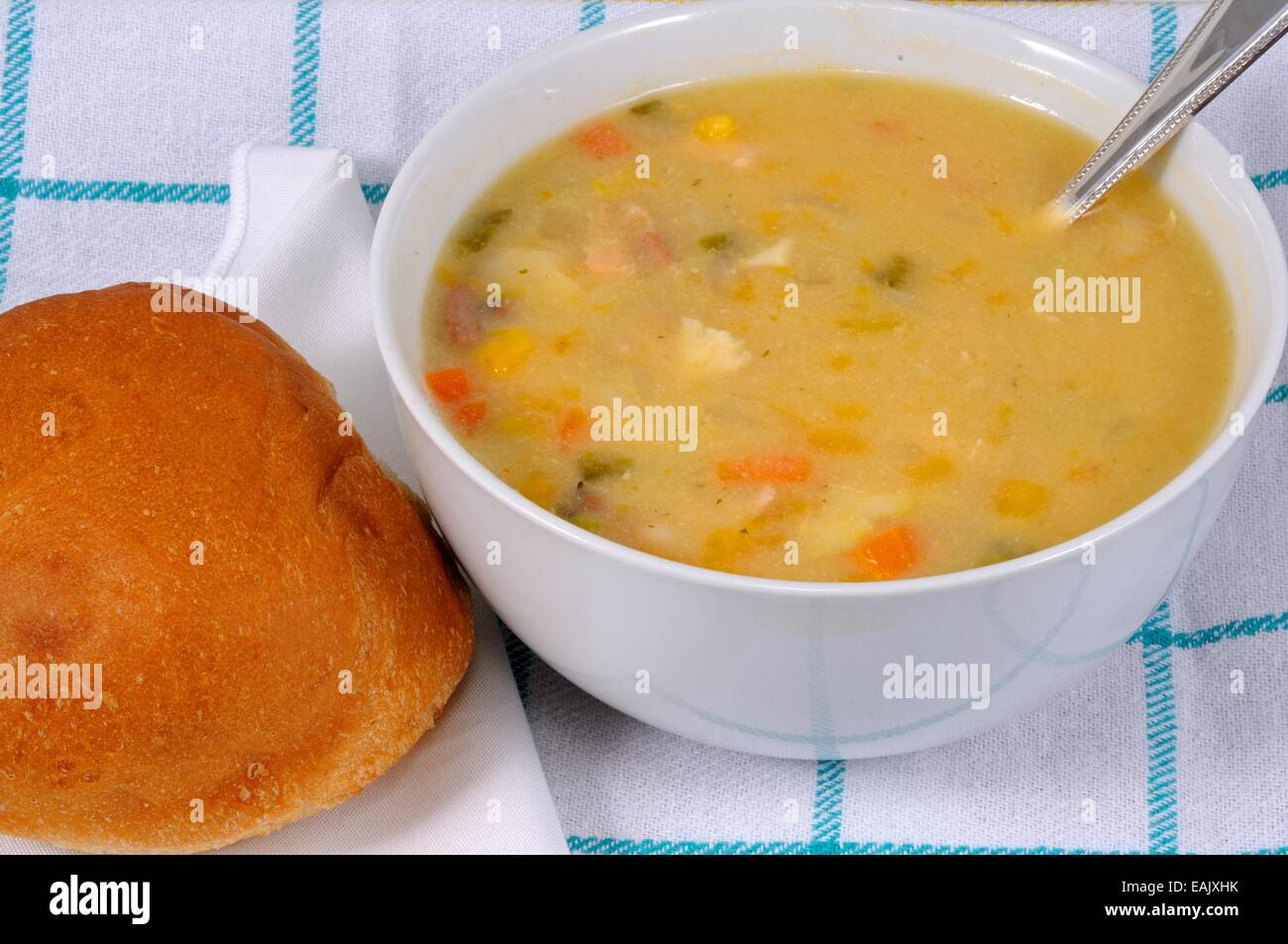 Fish chowder soup including smoked haddock, cod, salmon and vegetables