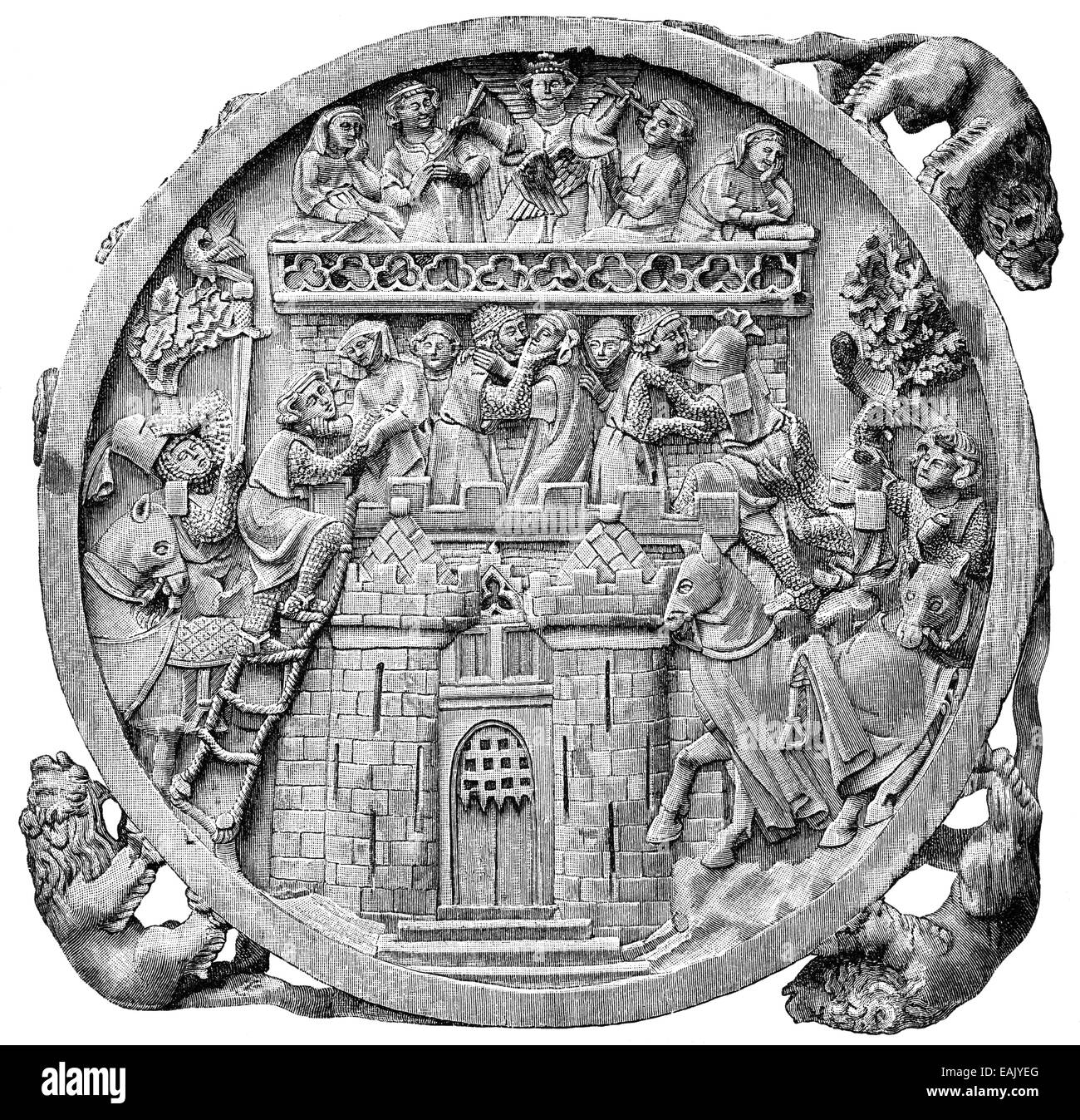 ivory carving, 14th century, storming of Minneburg Castle, Darstellung einer Elfenbeinschnitzerei aus dem 14. Jahrhundert, Erstü Stock Photo