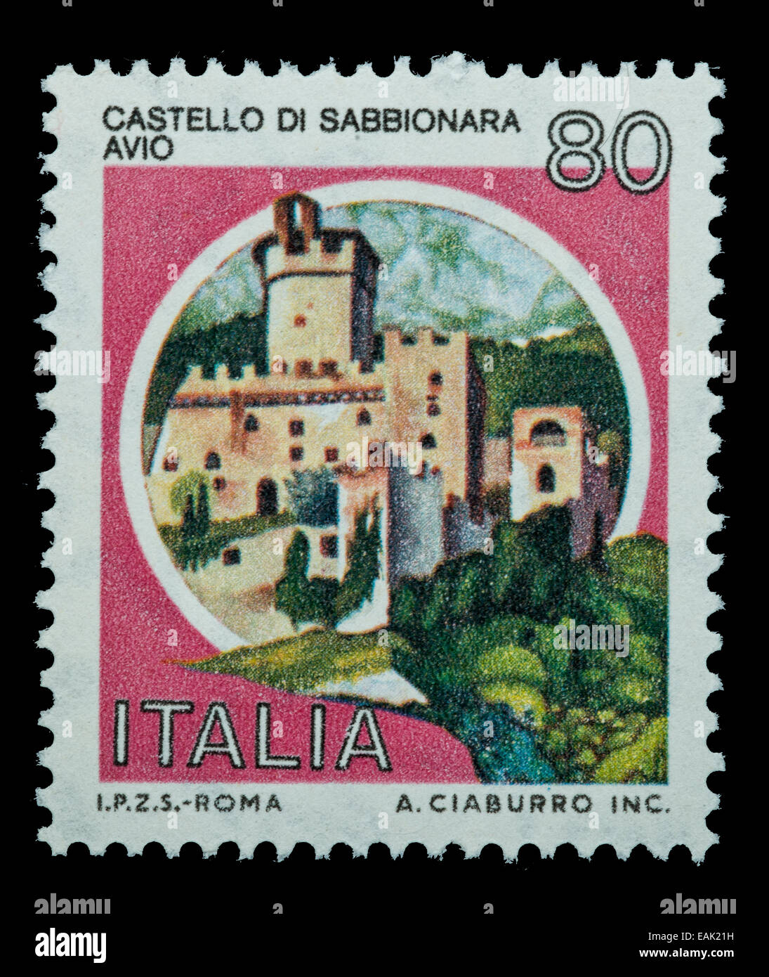 the castle of Sabbionara Avio in an italian stamp Stock Photo