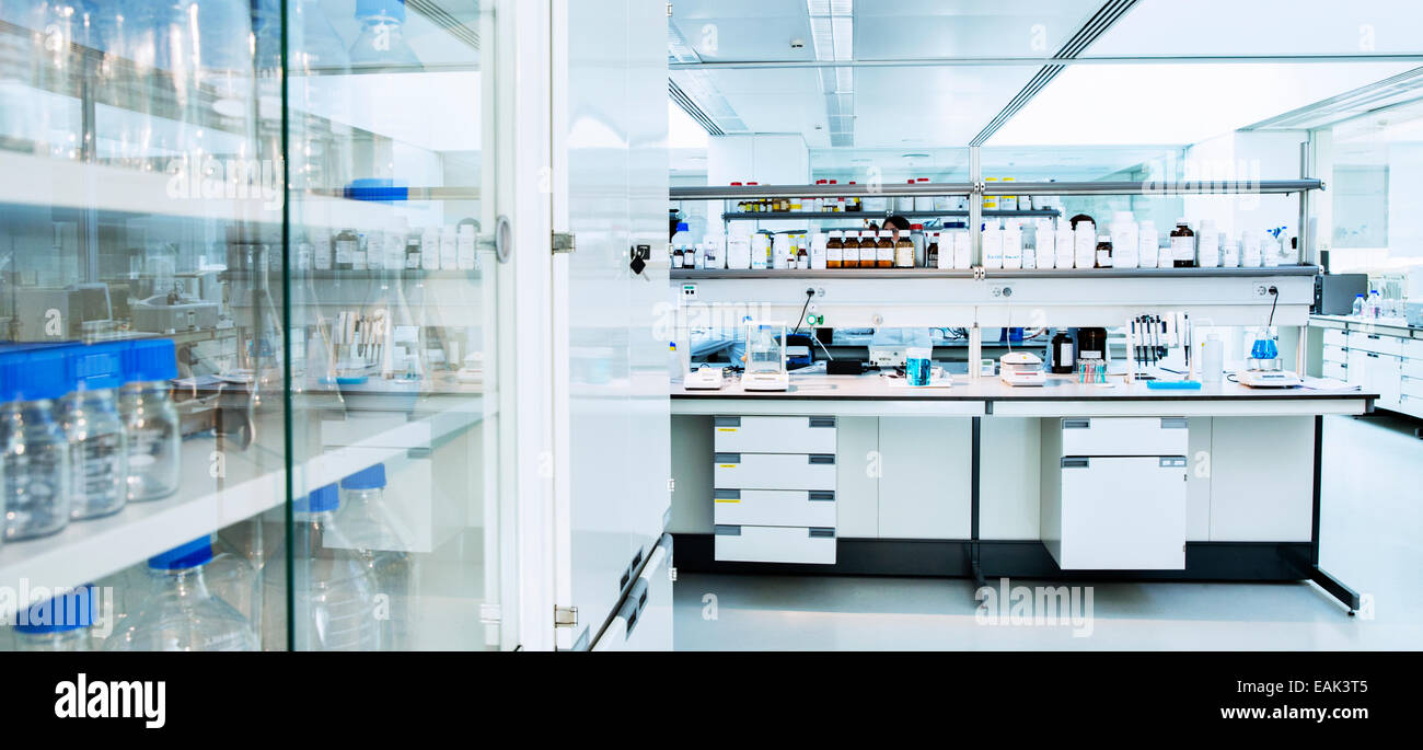 Cabinet, shelves and equipment in laboratory Stock Photo