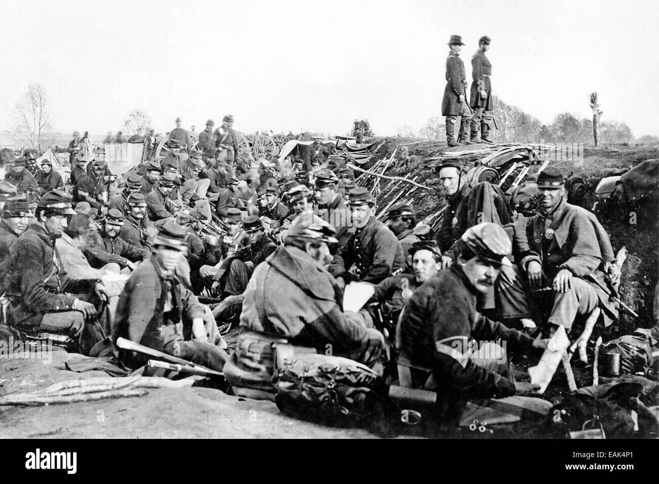 SECOND BATTLE OF FREDERICKSBURG 3 May 1863. Union soldiers entrenched along west bank of Rappahannock River before the battle Stock Photo