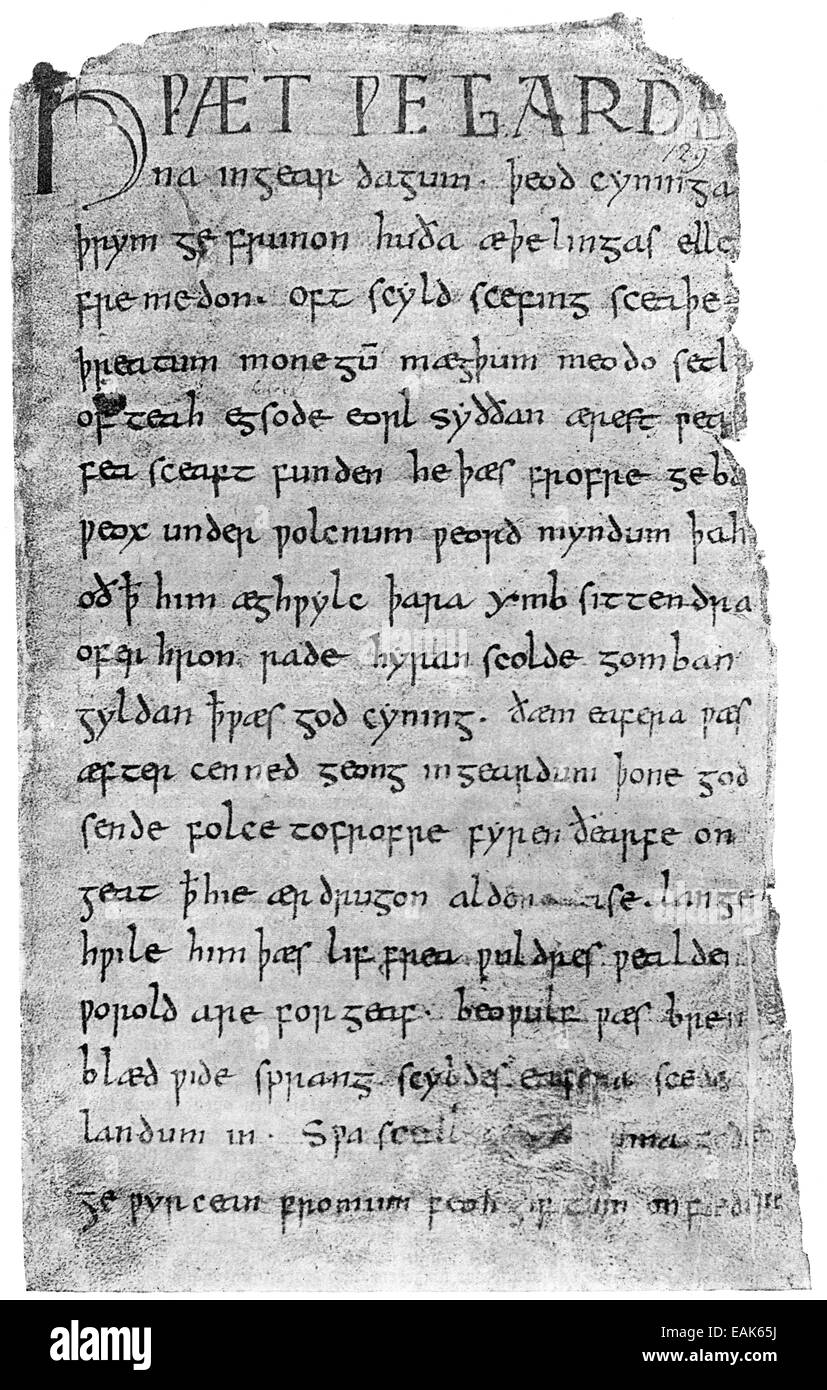 cover page from Beowulf, epic heroic poem in Anglo-Saxon alliterative verse from the 10th Century, 1. Seite aus dem Beowulflied, Stock Photo