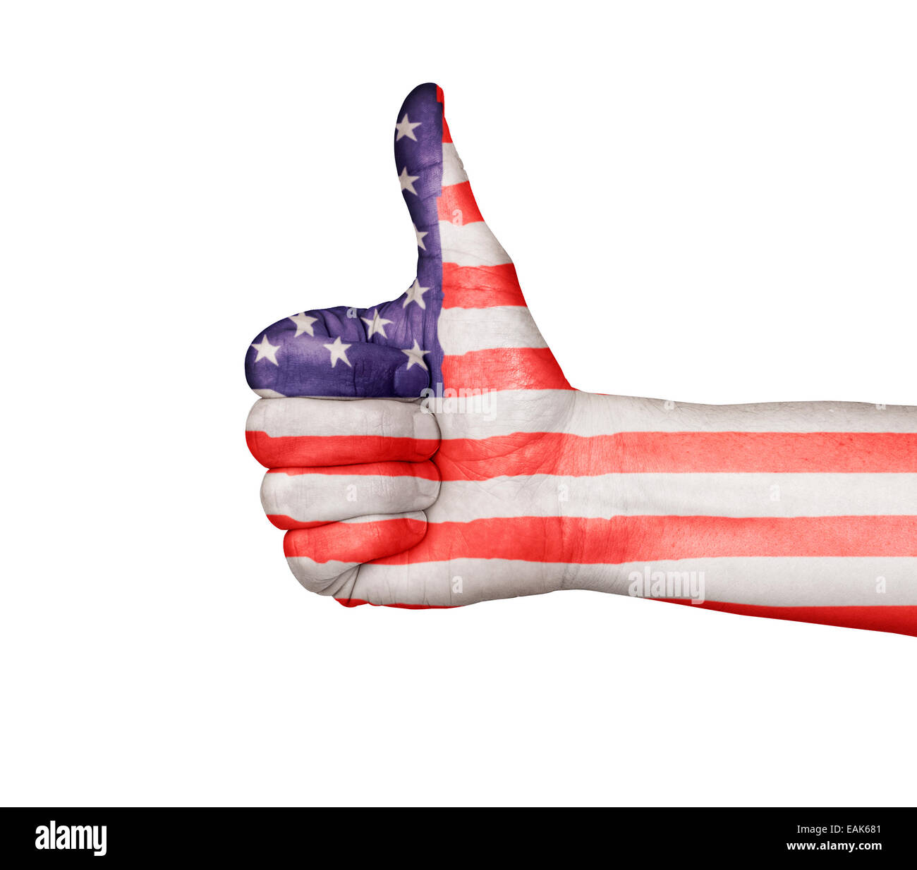 Male hand giving a thumbs up approval, painted with the USA Flag, the Stars and Stripes. Isolated on a white background with cli Stock Photo