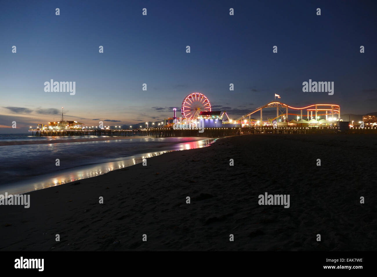 Santa Monica beach and pier at night. Stock Photo