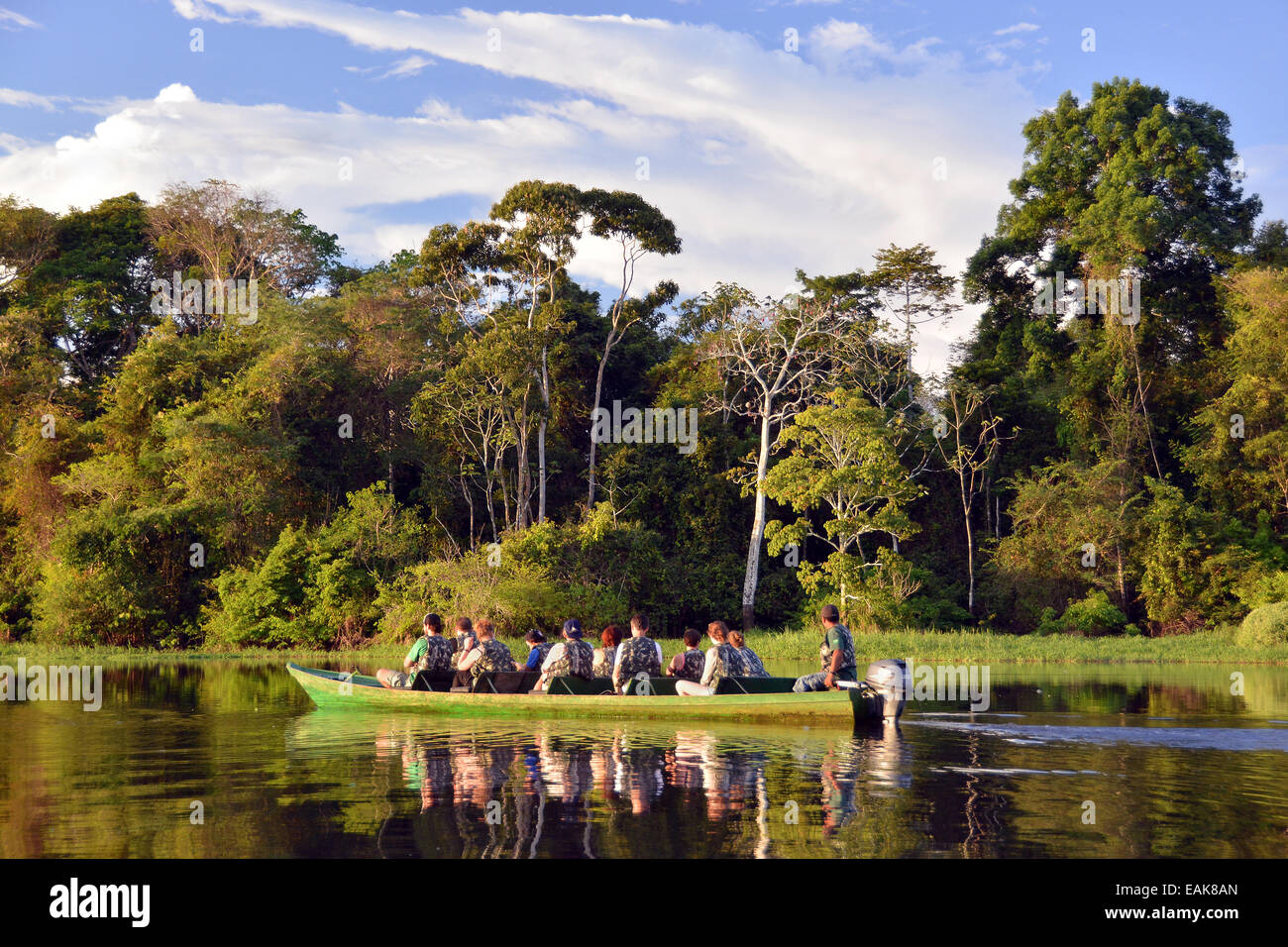 Tourist group travelling by boat through the rainforest, Mamirauá-Nationalpark, Manaus, Amazonas State, Brazil Stock Photo