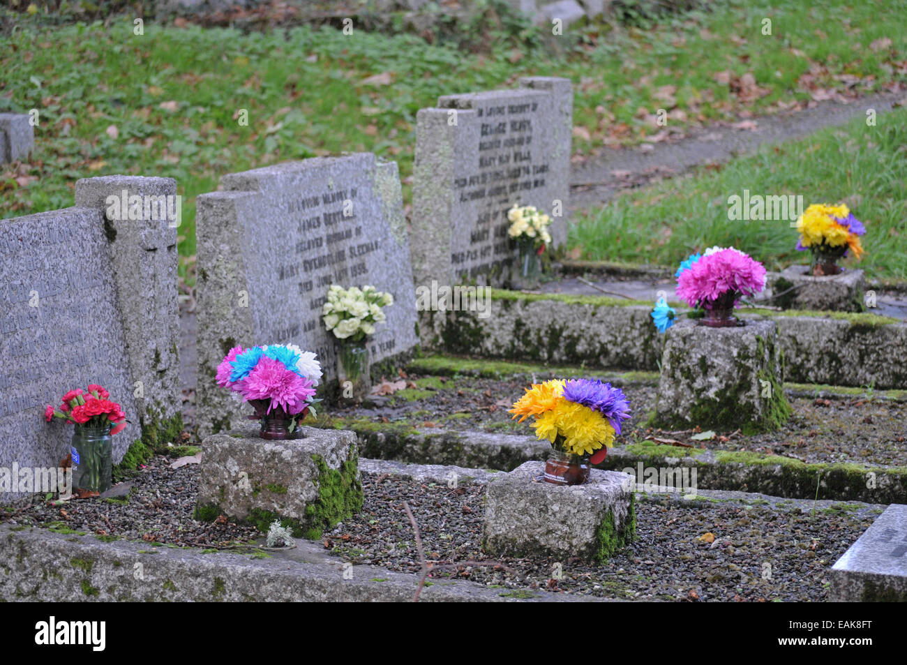 Flowers left on graves Stock Photo