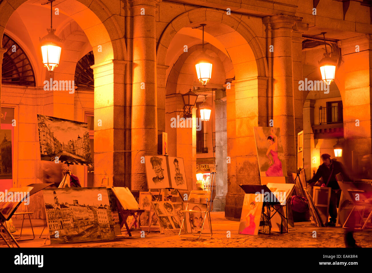 Paintings on Plaza Mayor square at night, Madrid, Spain Stock Photo Alamy
