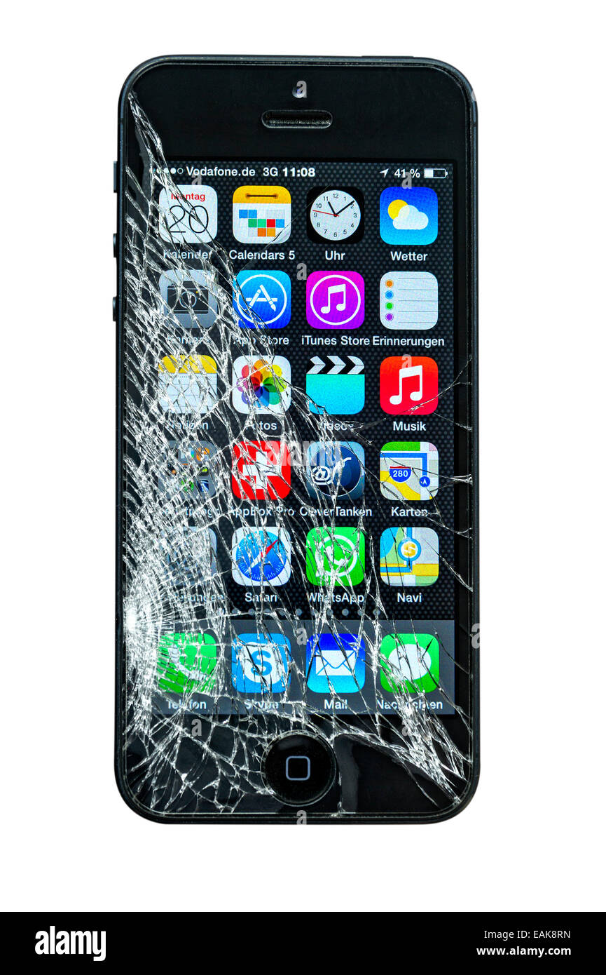 Smartphone, iPhone 5, with broken display screen Stock Photo