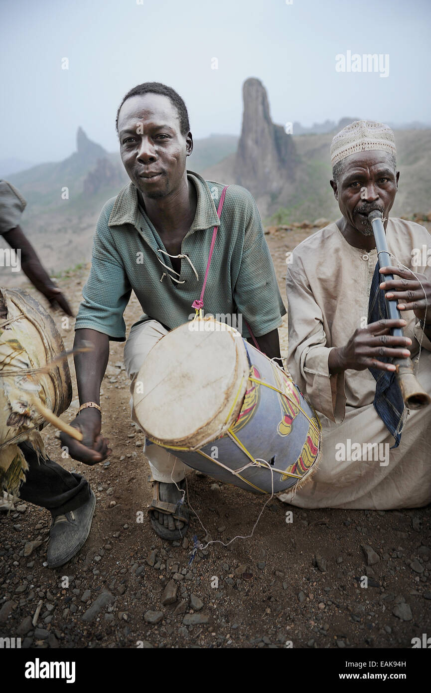 Folklore group presenting traditional music and dance, Rhumsiki, Far North, Cameroon Stock Photo