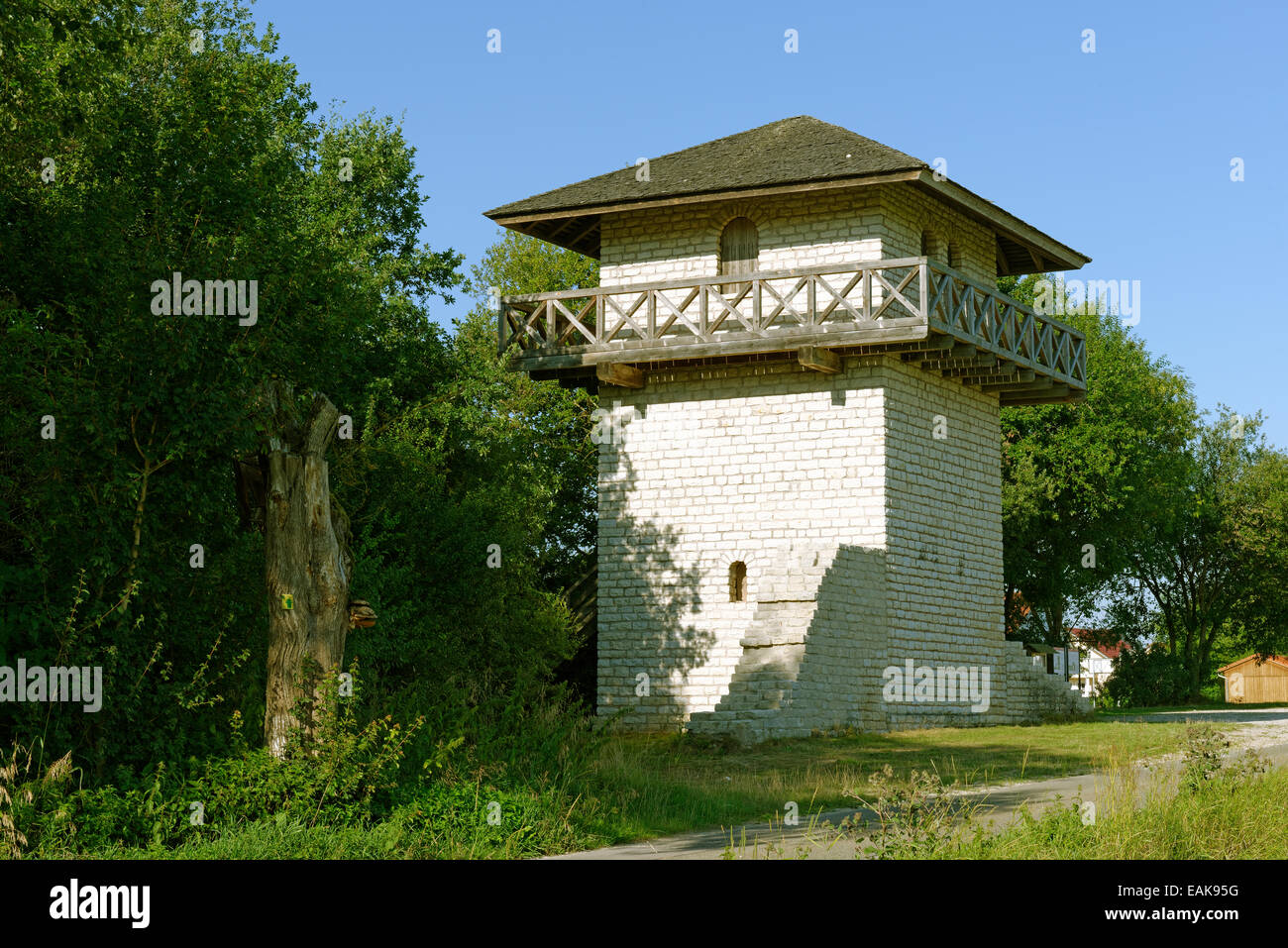 Reconstructed Limes wall with a Roman watchtower, Titting, Upper Bavaria, Bavaria, Germany Stock