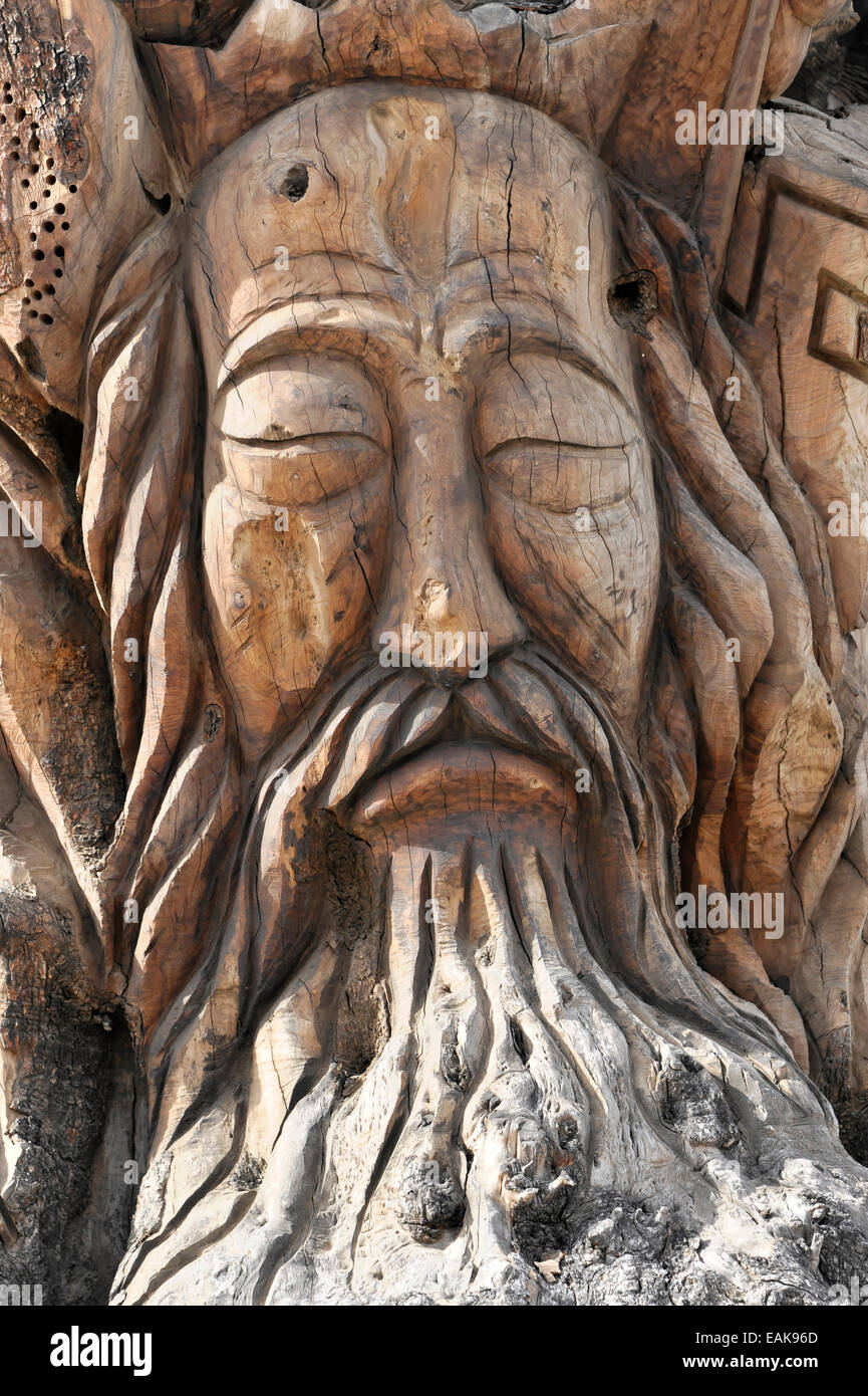Face, carving by hippies on a tree, Matala, Crete, Greece Stock Photo