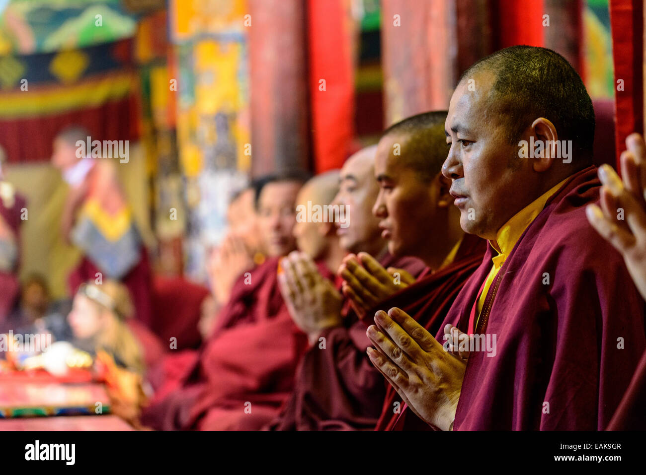 Monks celebrating Pooja, a prayer, as an opening ceremony of the Hemis Festival, Hemis, Ladakh, Jammu and Kashmir, India Stock Photo