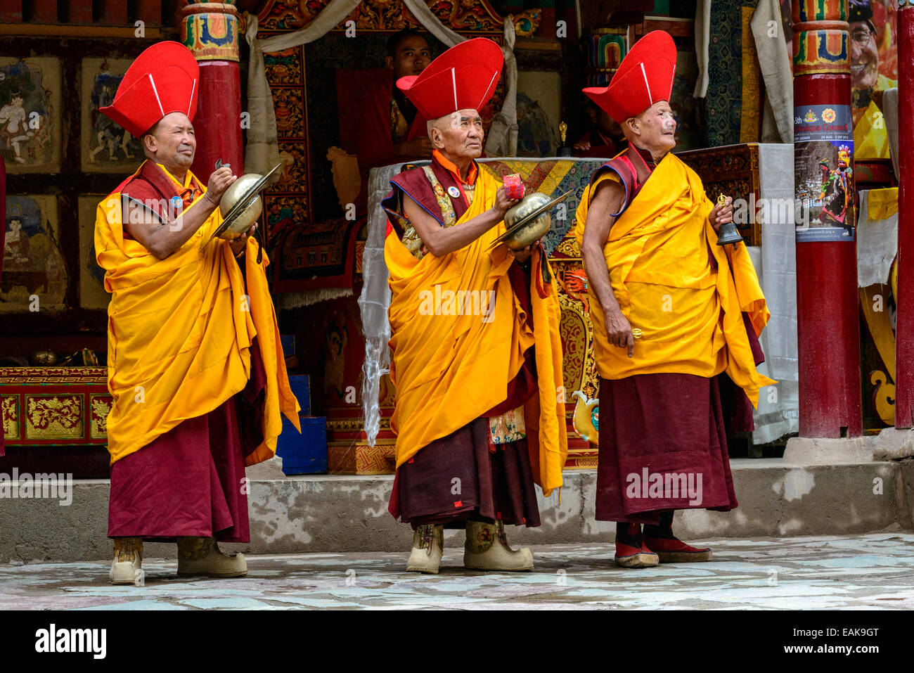 Monks making music as part of the opening ceremony of the Hemis Festival, Hemis, Ladakh, Jammu and Kashmir, India Stock Photo