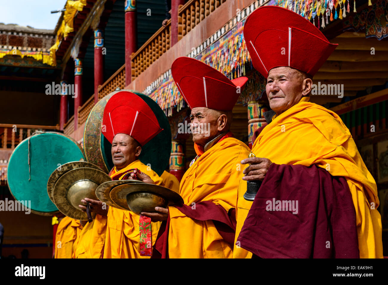 Monks making music as part of the opening ceremony of the Hemis Festival, Hemis, Ladakh, Jammu and Kashmir, India Stock Photo