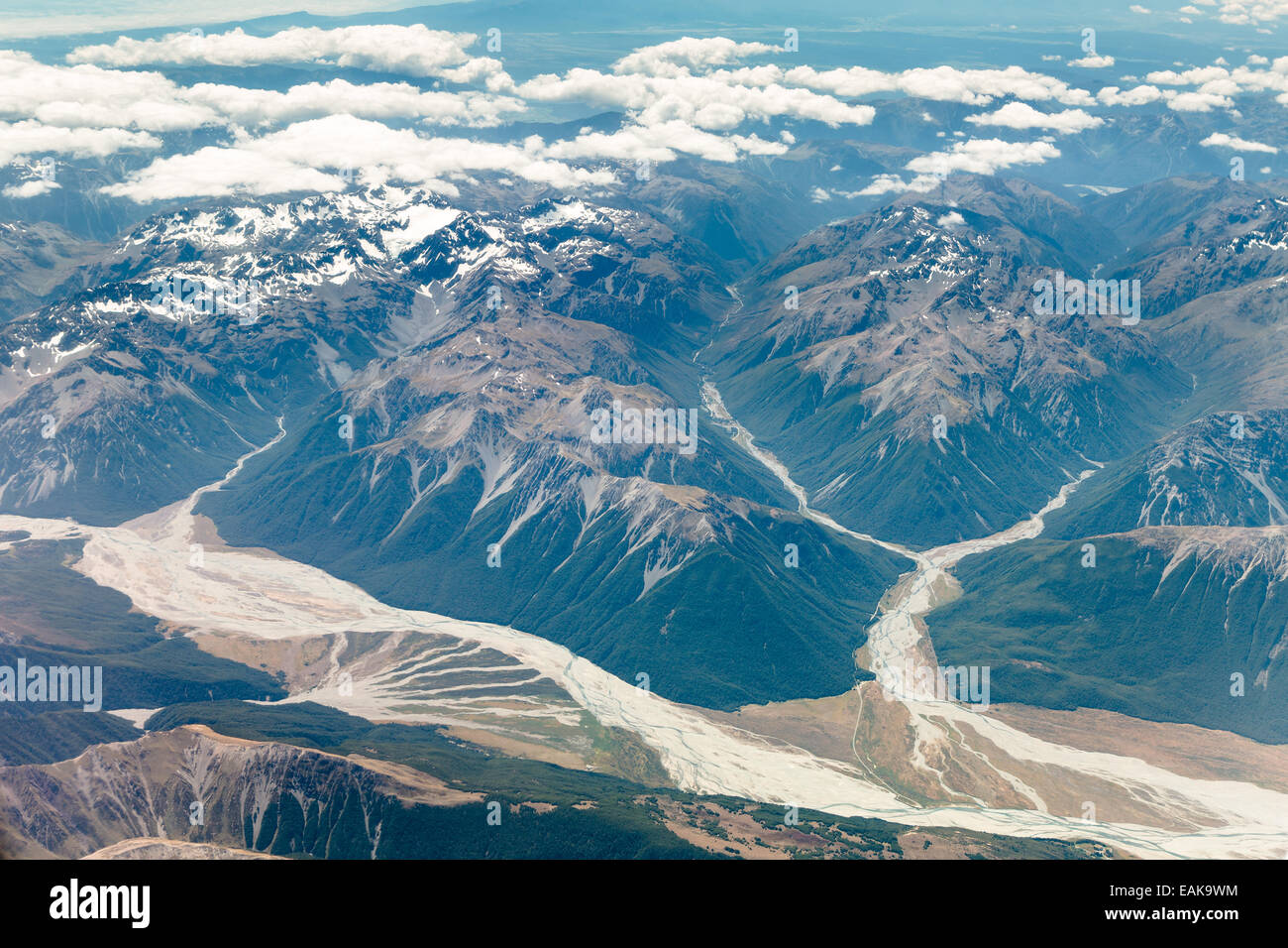 Aerial view, Waimakairi River with Arthur's Pass and the surrounding mountains of the Southern Alps, Arthur's Pass Stock Photo