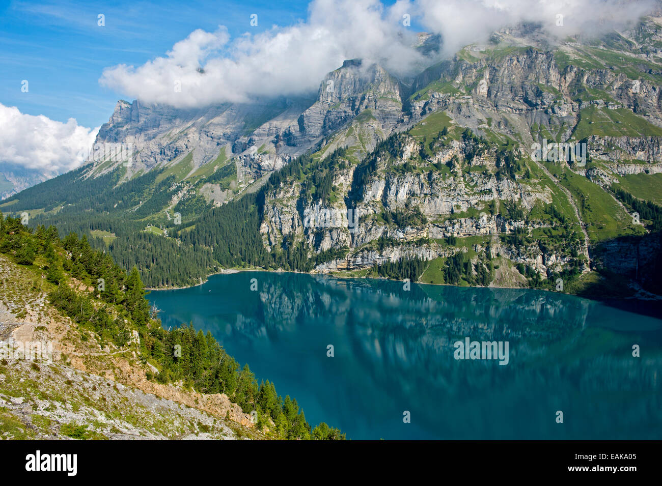 Oeschinen Lake in a UNESCO World Natural Heritage Site of the Swiss Alps, Kandersteg, Bernese Oberland, Canton of Bern Stock Photo