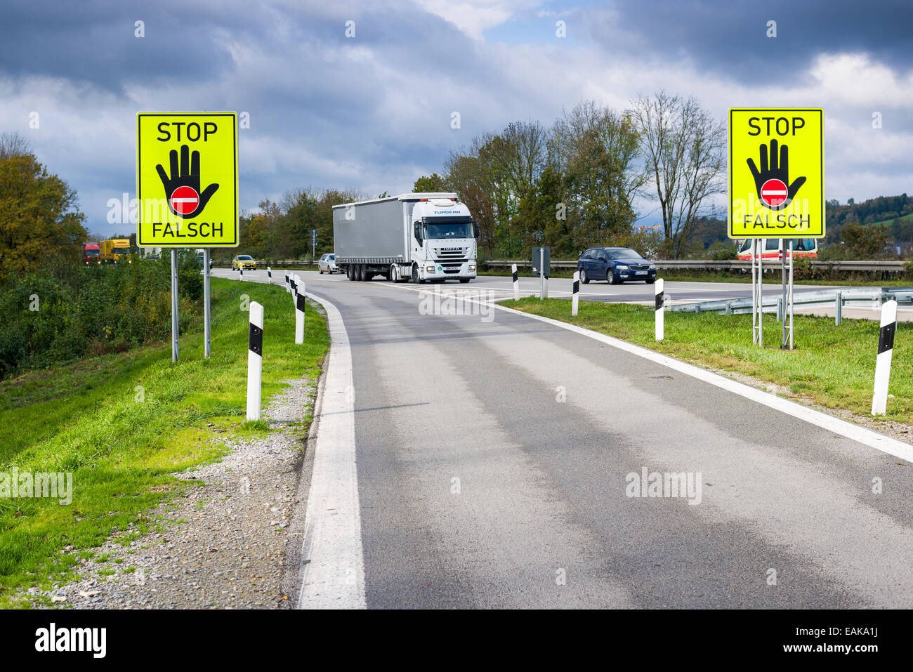 Two German signposts indicating not to enter the highway in the wrong direction, Passau, Bavaria, Germany Stock Photo