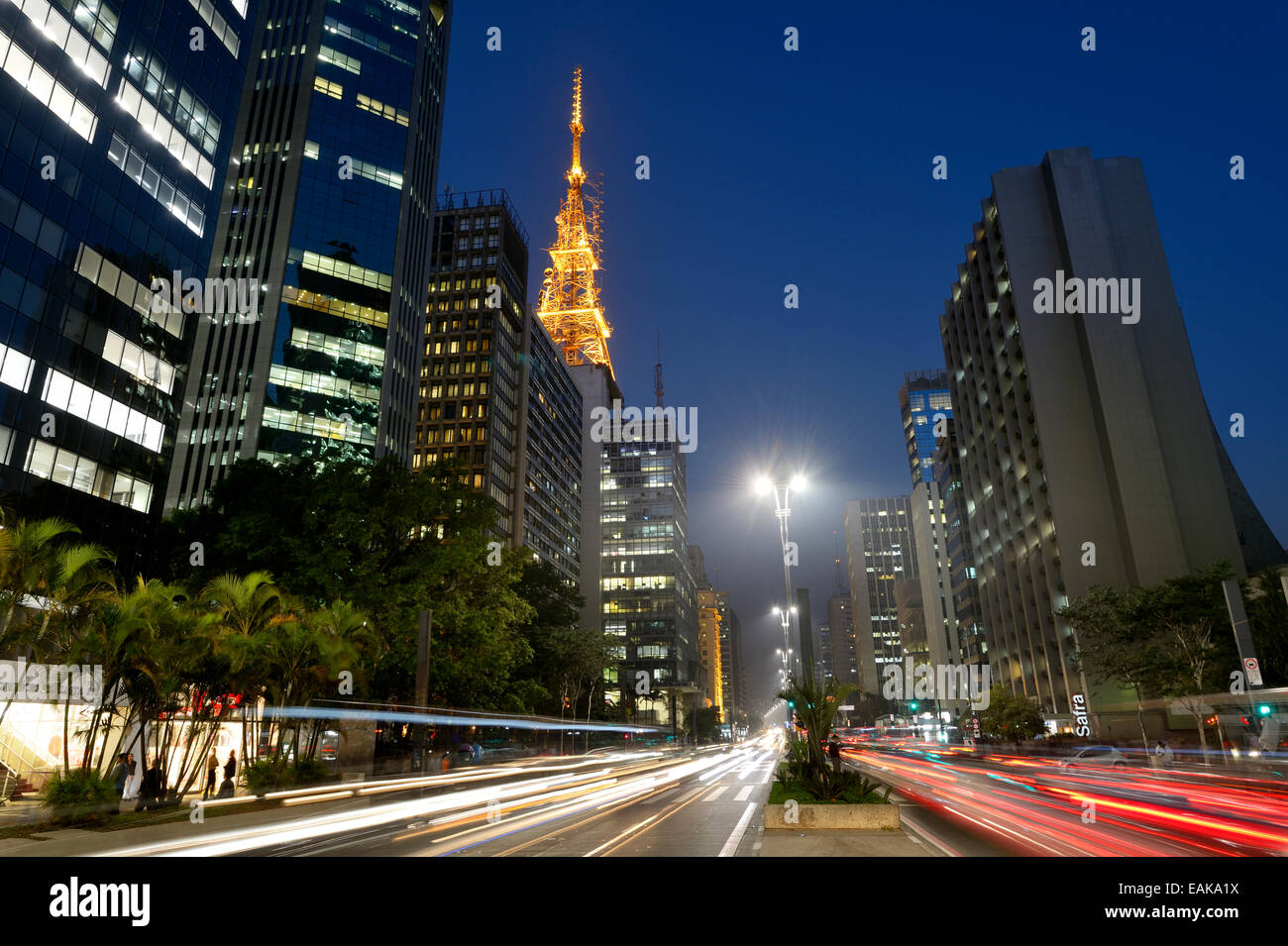 Avenida Paulista at night, CBD, financial centre, Bela Vista, São Jorge, São Paulo, Brazil Stock Photo