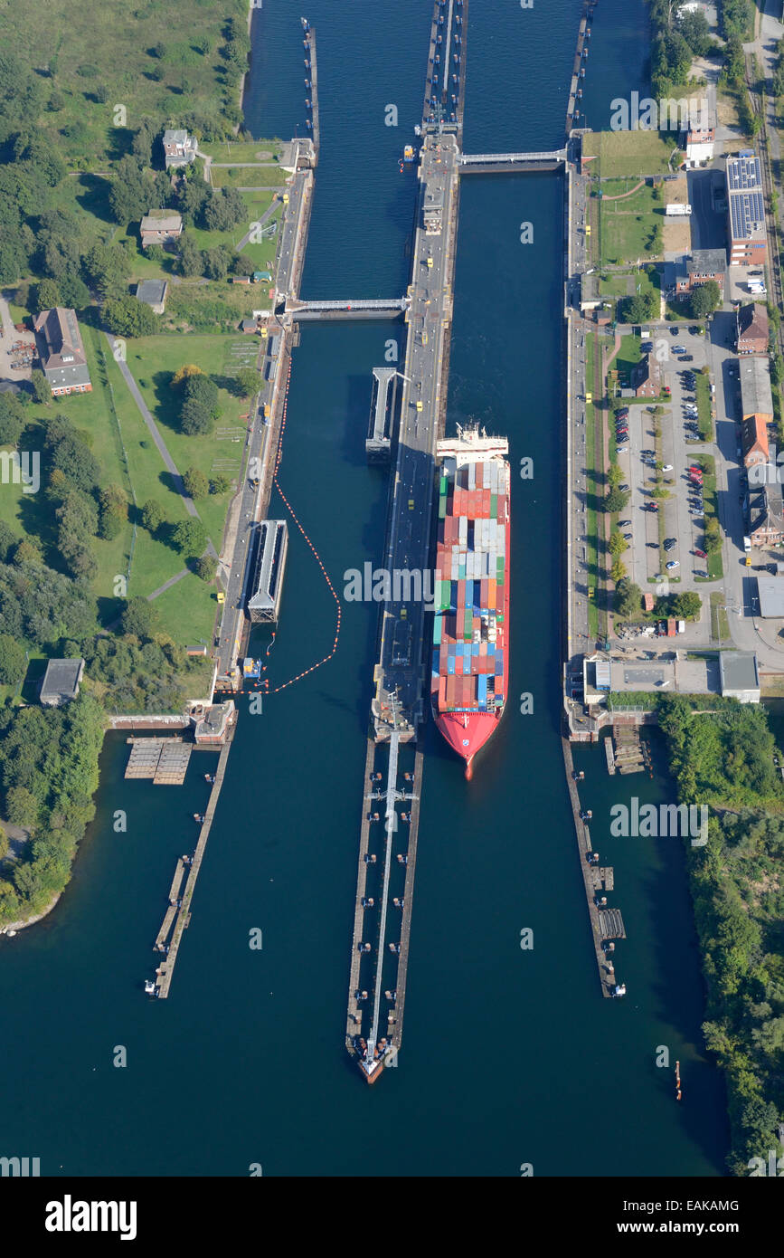 Kiel-Holtenau canal locks, northern end of the Kiel Canal, Nord-Ostsee-Kanal, aerial view, Kiel, Schleswig-Holstein, Germany Stock Photo