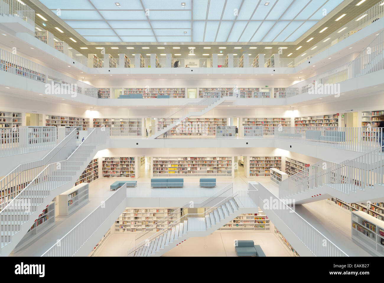 Gallery hall with steps of the Stuttgart City Library on Mailaender ...