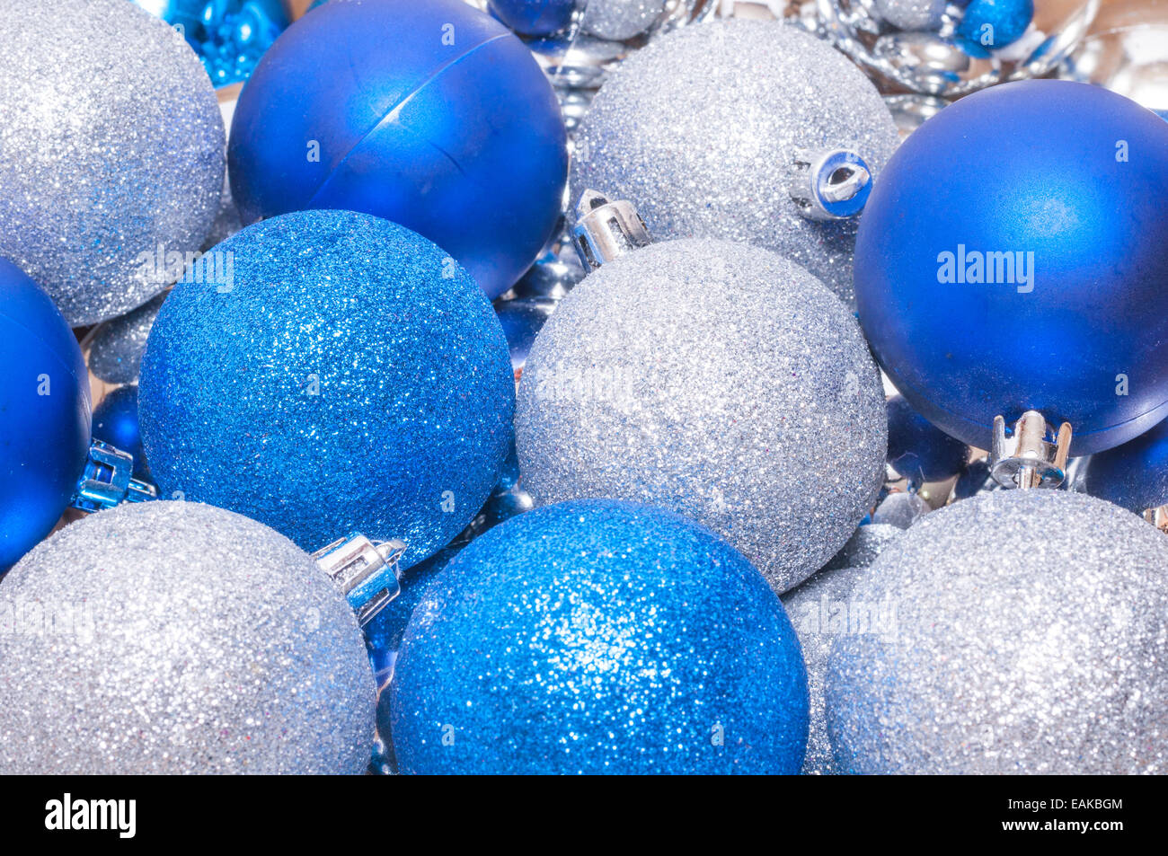 Many silver and colorful blue christmas decoration ball Stock Photo