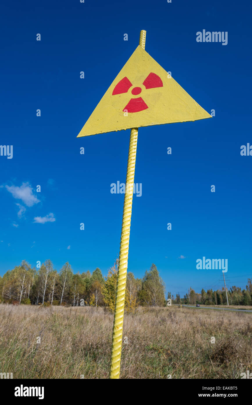 Radiation sign near Red Forest in Chernobyl Nuclear Power Plant Zone of