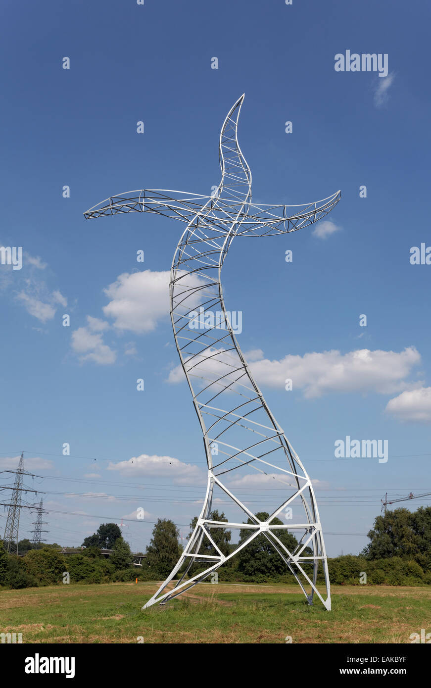 Dancing electricity pylon, Sculpture "Zauberlehrling", German for "Sorcerer’s Apprentice" created by Kuenstlergruppe Inges Stock Photo