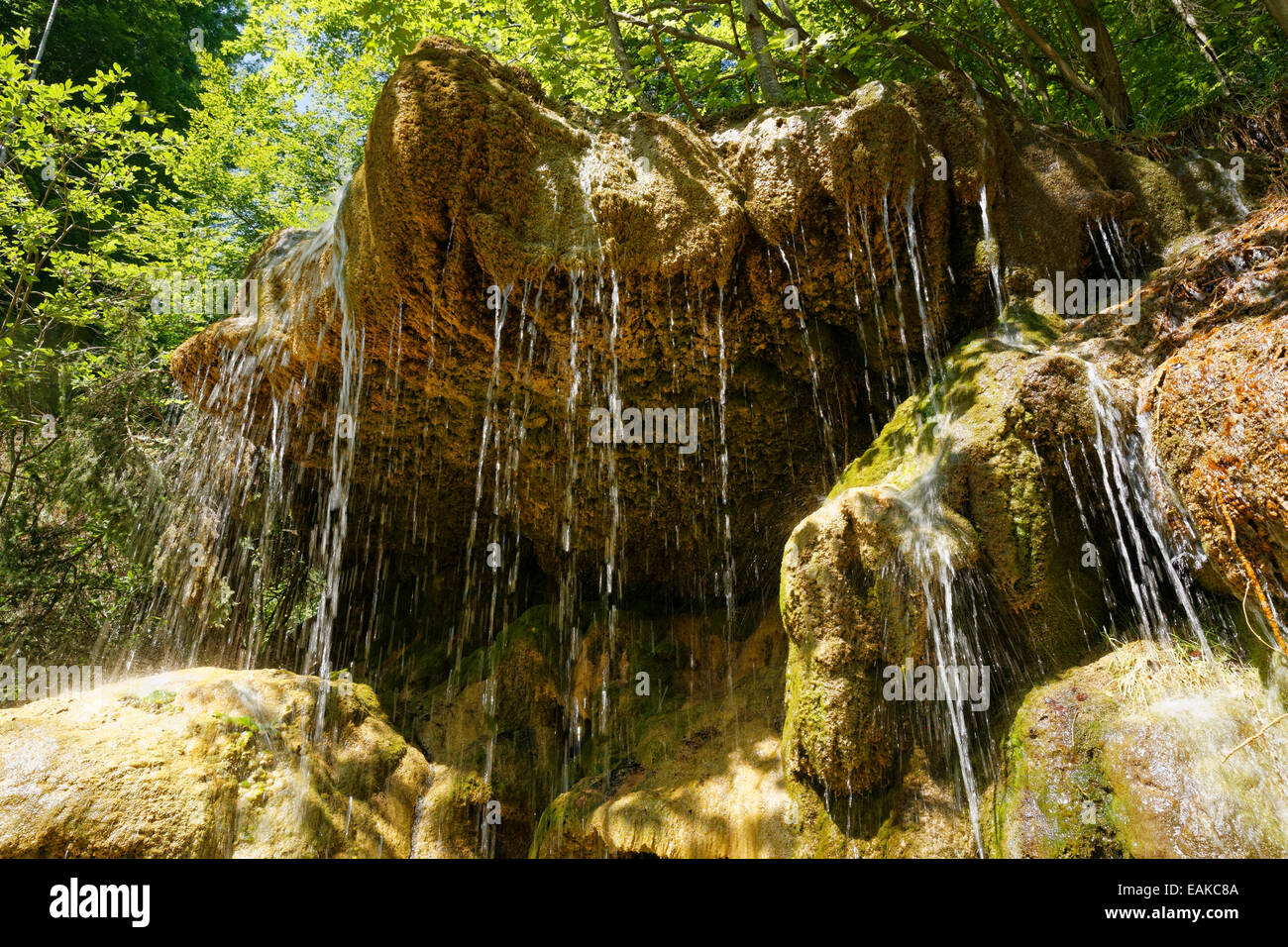 Waterfall with calcification, Ammerschlucht, Peiting, Pfaffenwinkel region, Upper Bavaria, Bavaria, Germany Stock Photo