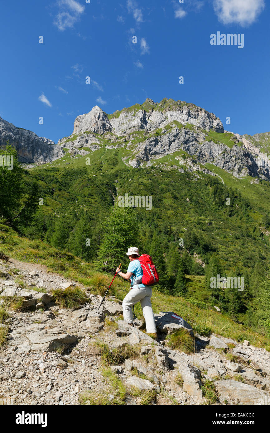 Hiker ascending on a trail in front of Weißsteinspitze Mountain, Carnic Alps, Lesachtal, Bezirk Hermagor, Kärnten, Italy Stock Photo