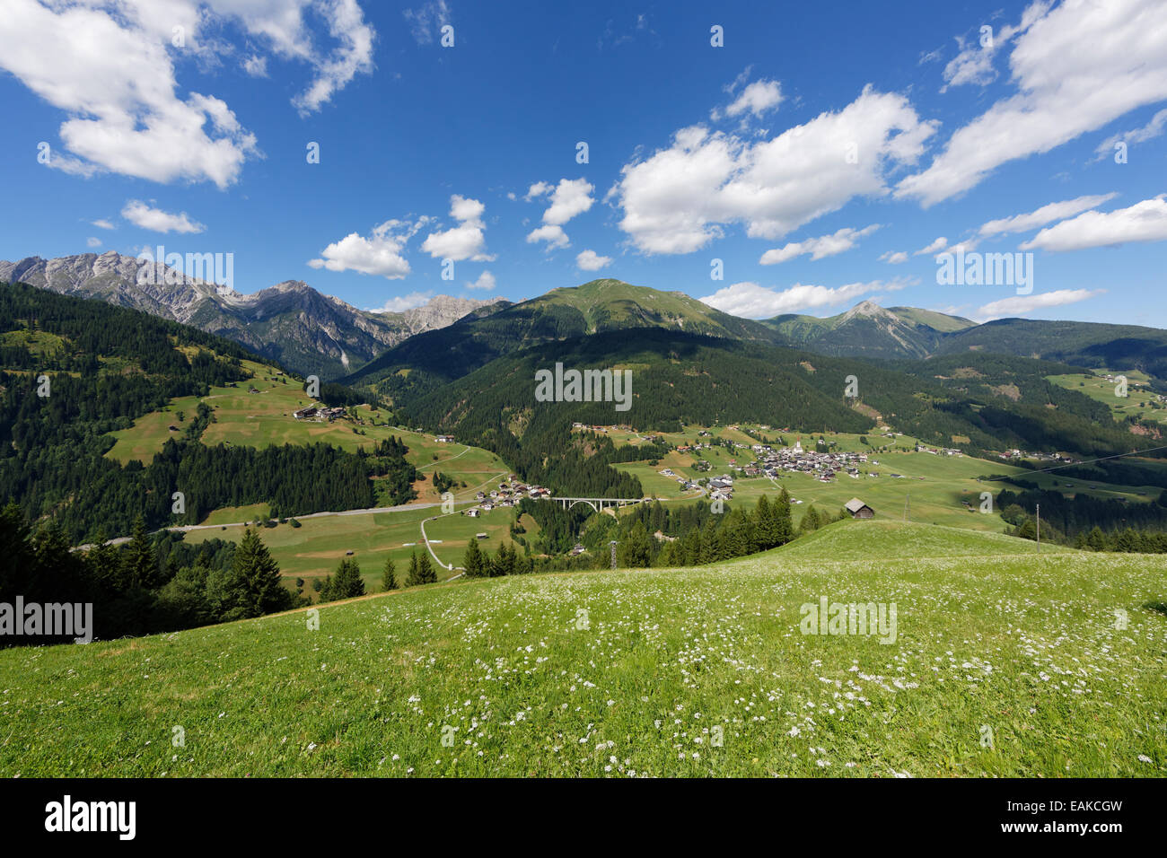 Villages of Xaveriberg, Wiesen and St. Lorenzen, in front of the Lienz Dolomites with Riebenkofel Mountain, Lesachtal Stock Photo