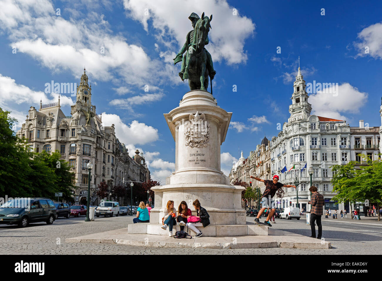 Equestrian statue of Dom Pedro IV, Aliados Avenue with City Hall, Porto, District of Porto, Portugal Stock Photo