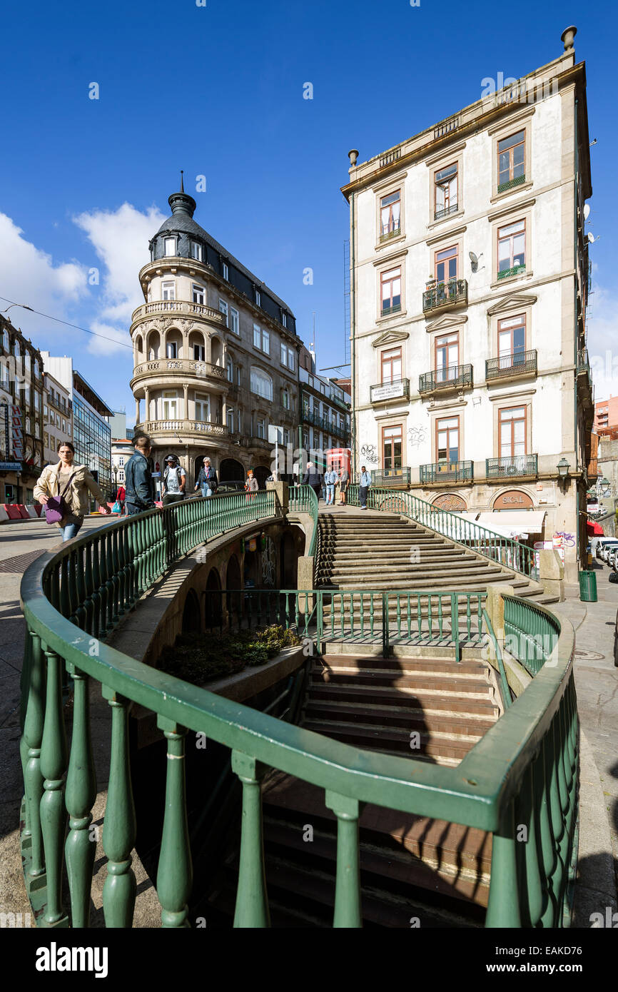 Wrought iron railings, Art Nouveau, stairs, Porto, District of Porto, Portugal Stock Photo