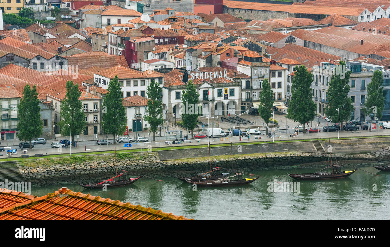 View over the Douro or Duero River towards the Gaia district, Vila Nova de Gaia, Sandeman Winery, Porto, District of Porto Stock Photo