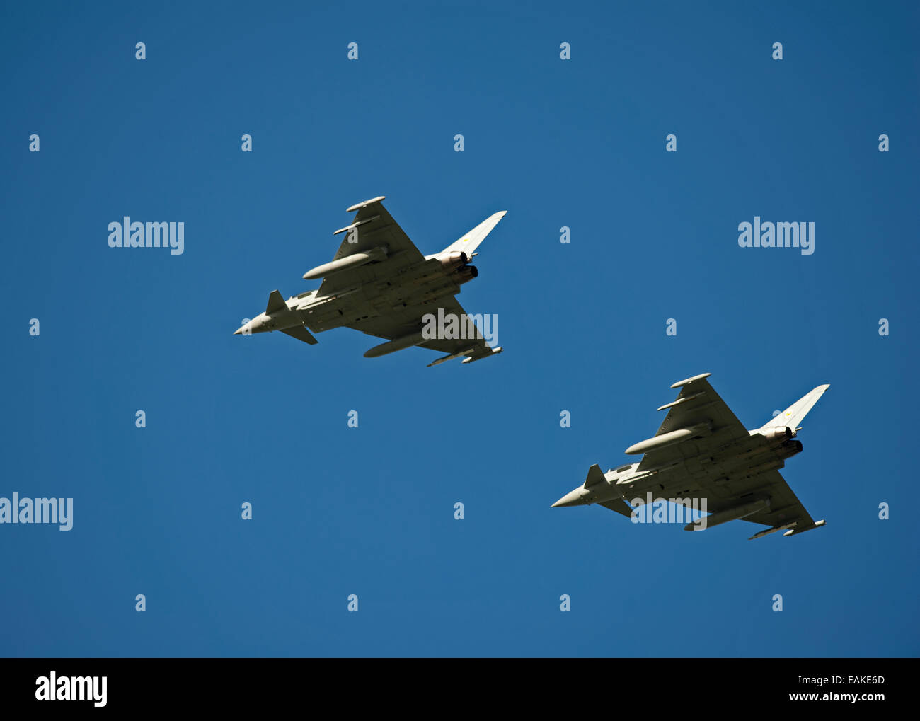 Paired flypast, Eurofighter Typhoon FRG4s on approach to RAF Lossiemouth, Morayshire.  SCO 9155 Stock Photo