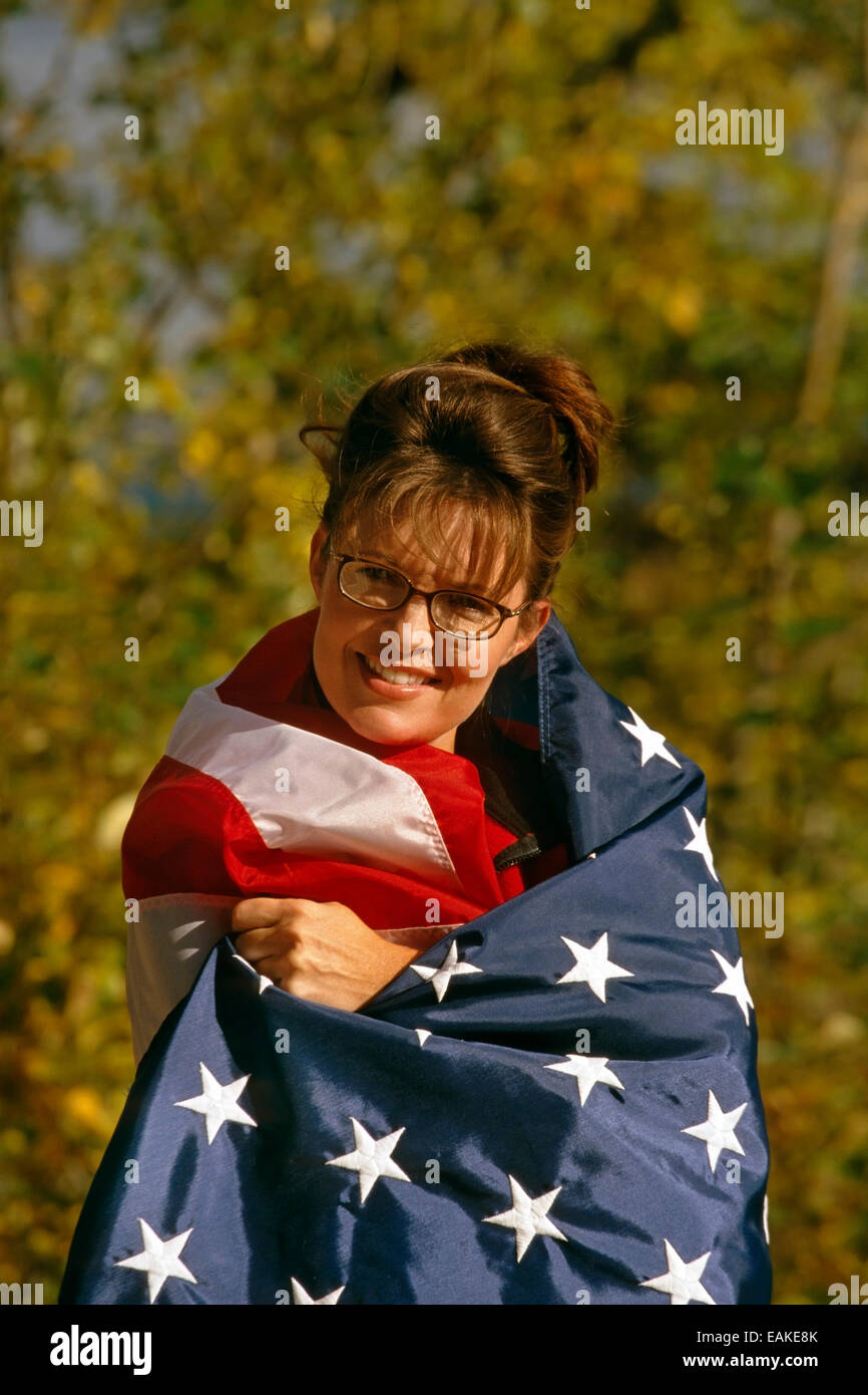 Portrait Of Mayor Of Wasilla Sarah Palin With American Flag Fall 2001, Wasilla, Southcentral Alaska Stock Photo