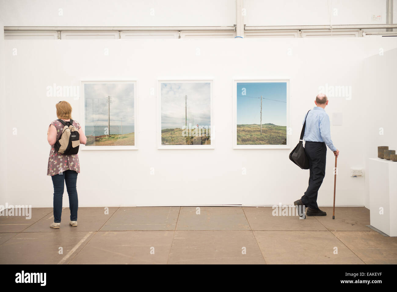 Two people looking at photographs in the art pavilion at the National Eisteddfod of Wales, Llanelli, 2014 Stock Photo