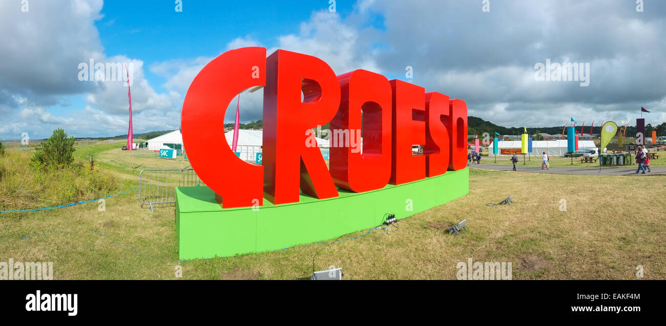 A giant CROESO (welcome) sign and panoramic view of the site of the National Eisteddfod of Wales Llanelli, August 2014 Stock Photo