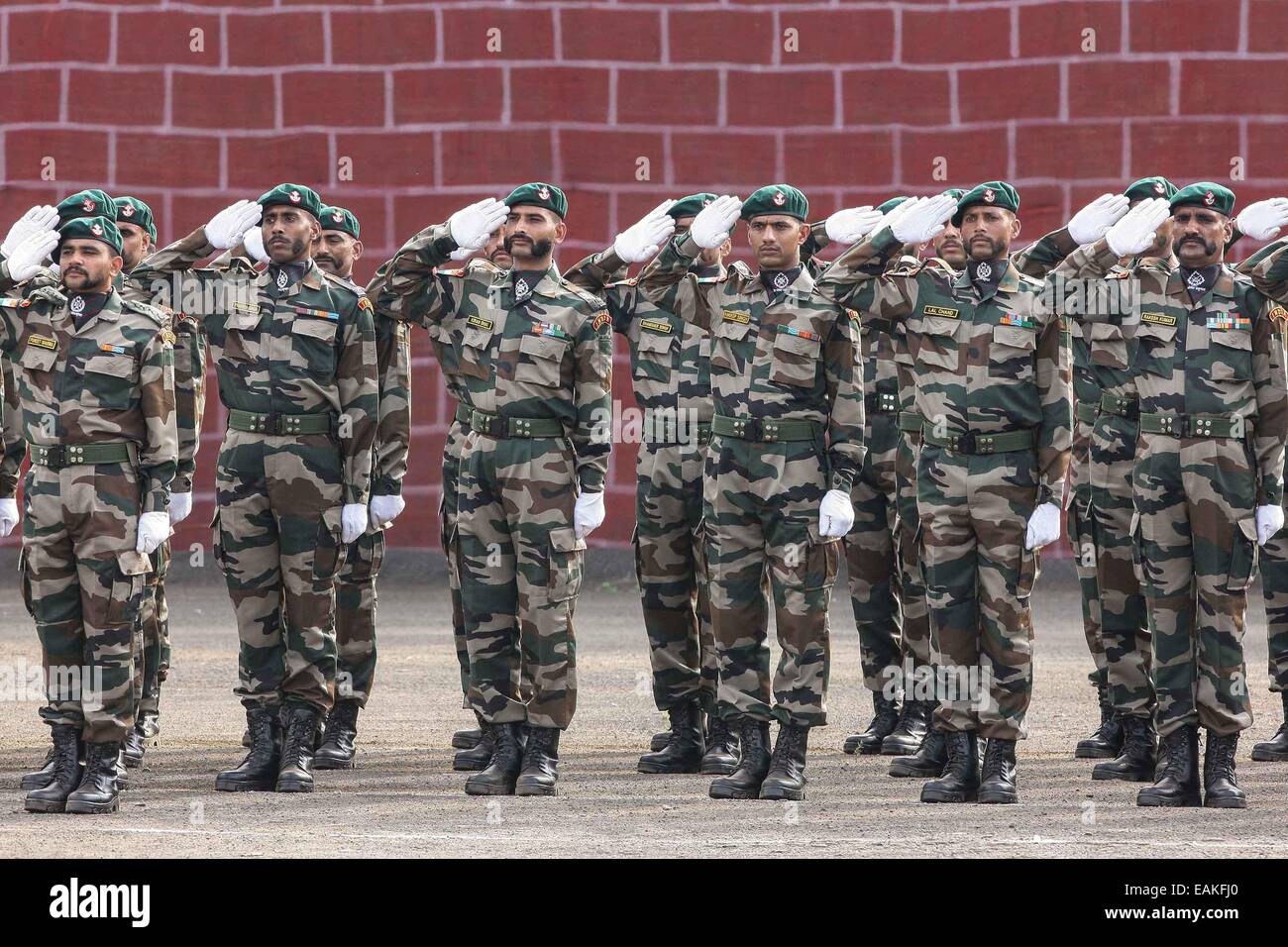 Pune, India. 17th Nov, 2014. Indian soldiers salute at the starting ceremony of the Hand-in-hand India-China Anti-Terrorism Joint Training Exercise in Pune, India, Nov. 17, 2014. The joint counterterrorism training exercise will last for ten days. © Zheng Huansong/Xinhua/Alamy Live News Stock Photo