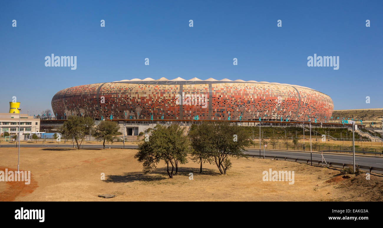 SOWETO, JOHANNESBURG, SOUTH AFRICA - FNB Stadium, aka Soccer City, a calabash-shaped football arena. Stock Photo