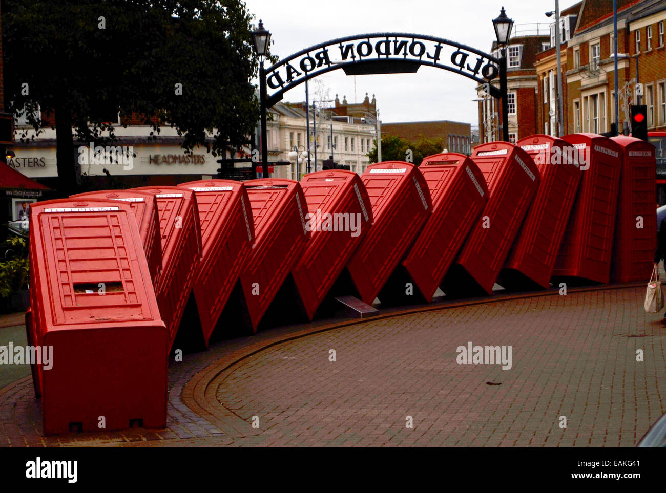 Kingston's falling over telephone boxes, by David Mach. Stock Photo