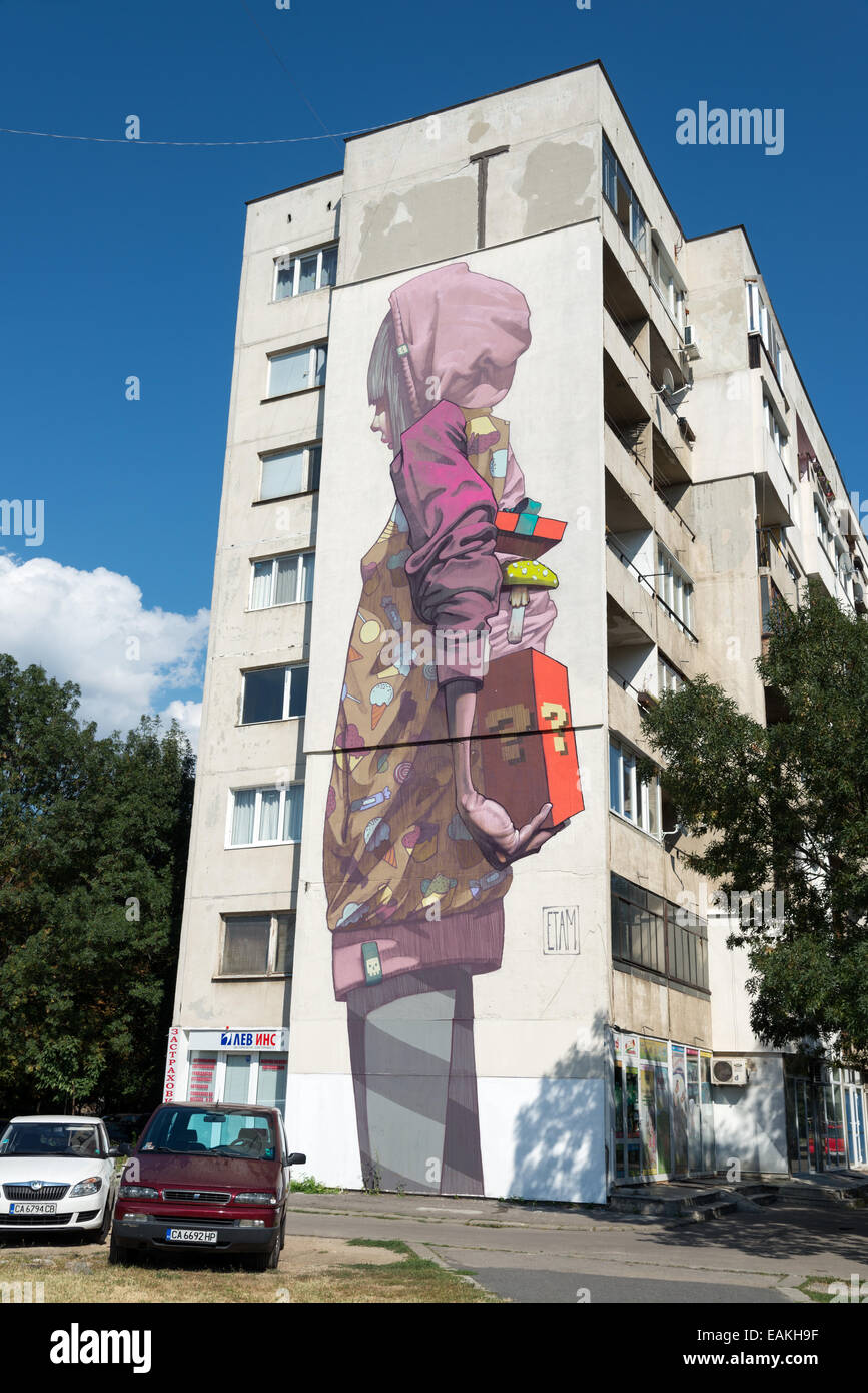 Graffiti artwork by Etam on side of a block of flats, Sofia, Bulgaria Stock Photo