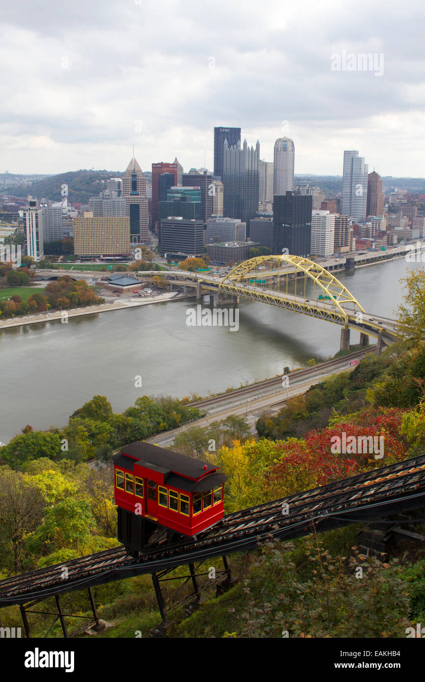 Duquesne Incline and the Monongahela River and Fort Pitt bridge in Pittsburgh, Pennsylvania from Mount Washington in the fall Stock Photo