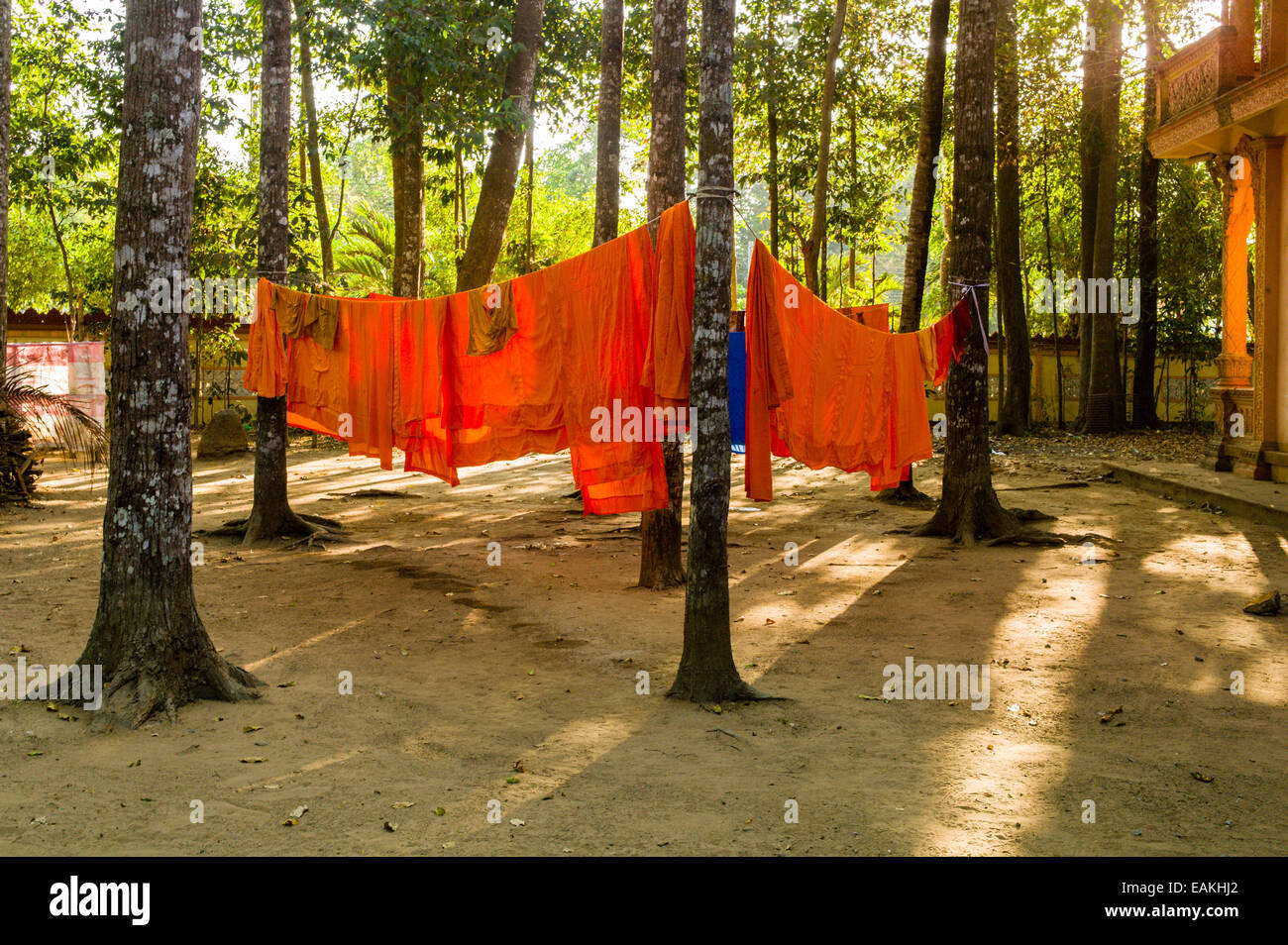 Vietnam’s Khmer Theravada Buddhists' orange robes hanging on a ...