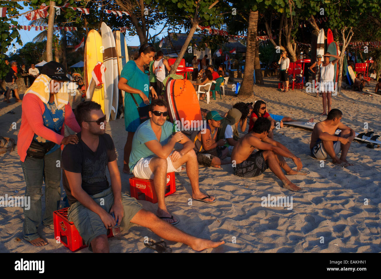 Beach of Kuta at sunset. Surfing lessons. Bali. Kuta is a coastal town