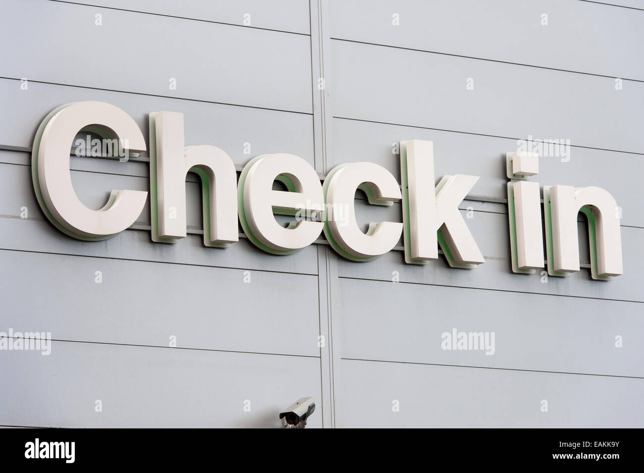 check in sign at manchester airport Stock Photo