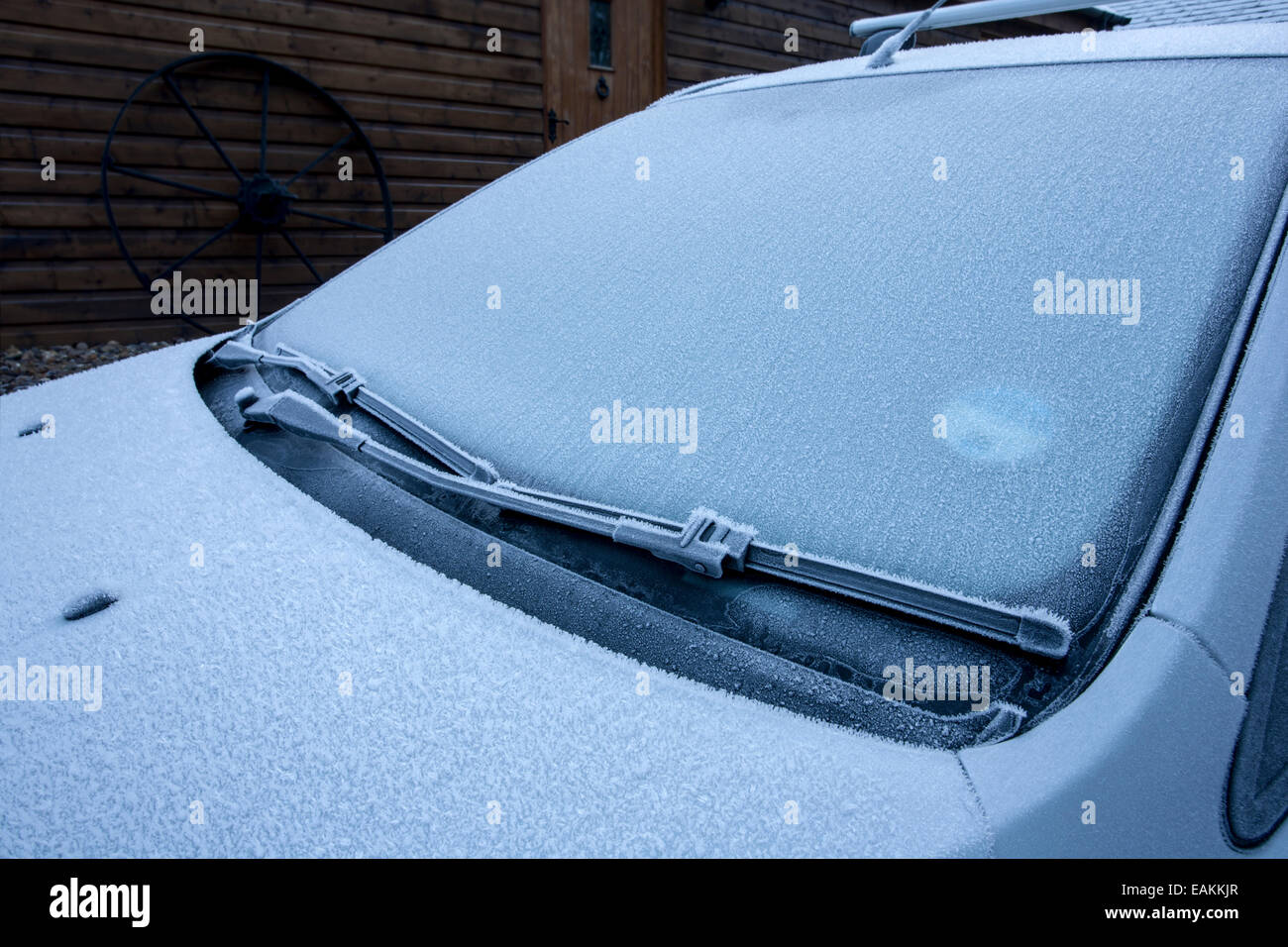 Frost covered car windscreen. Stock Photo