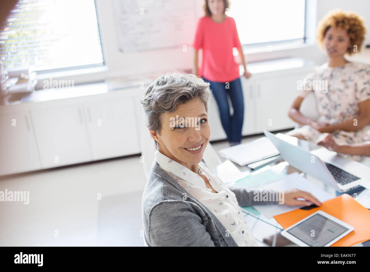 Portrait of smiling mature businesswoman at desk in office Stock Photo